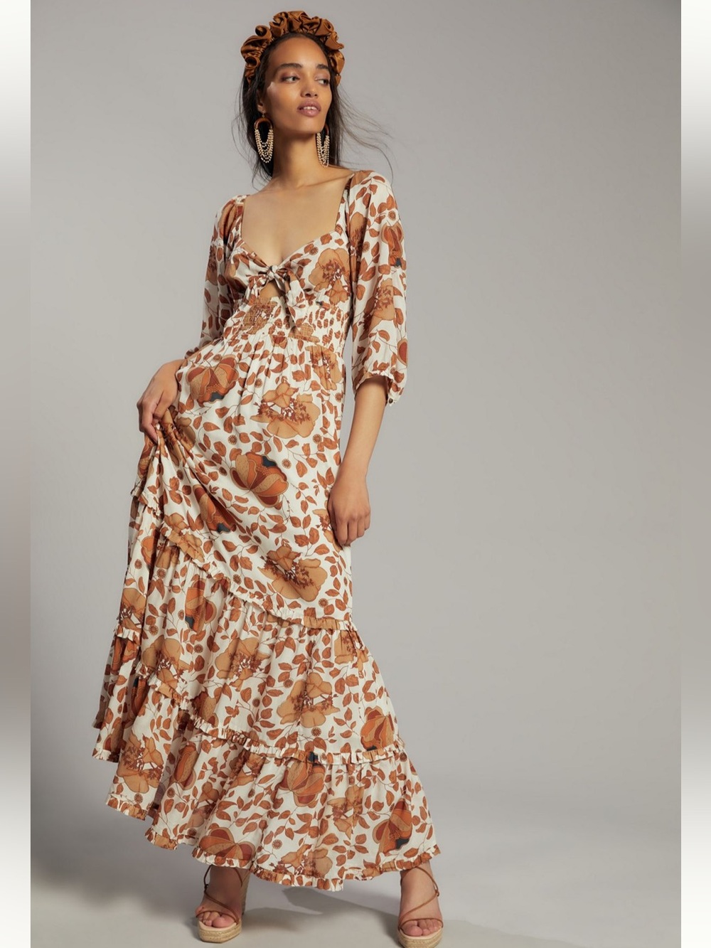 Anthropologie | Floral Tie-Front Tiered Maxi Dress in Cream and Brown